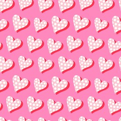 Seamless vector pattern with bright and funny pink hearts on a bright pink background. For wrapping paper, package design, textile, any backgrounds.