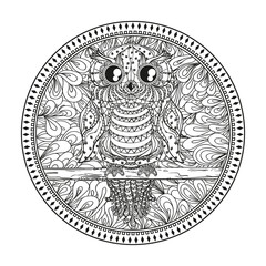 Mandala with owl. Zentangle. Hand drawn abstract patterns on isolation background. Design for spiritual relaxation for adults. Zendala. Outline for tattoo, printing on t-shirts, posters and other