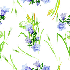 Seamless pattern with meadow bells and herbs on a white background.