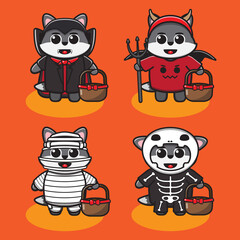 Vector illustration of cute Wolf Halloween cartoon. Dracula, Devil, Mummy and skeleton Costume set . Good for icon, logo, label, sticker, clipart.
