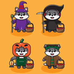 Vector illustration of cute Wolf Halloween cartoon. Wizard, Reaper, Pumpkin and Frankenstein Costume set . Good for icon, logo, label, sticker, clipart.