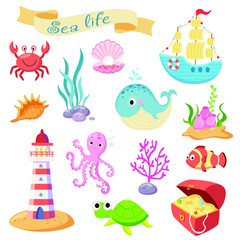 Cute sea life creatures cartoon animals with different elements set on white background vector illustration