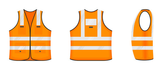 Safety reflective vest icon sign flat style design vector illustration set. Orange fluorescent security safety work jacket with reflective stripes. Front, side and back view road uniform vest. - obrazy, fototapety, plakaty