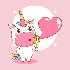 Cartoon illustration of cute unicorn character blowing love bubble