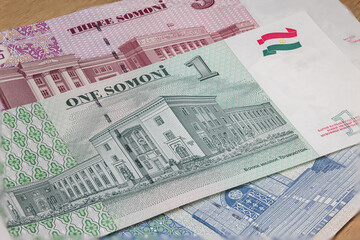 Close up to one Somoni of the Republic of Tajikistan. Paper banknotes of the Asian country. Detailed capture of the front art design. Detailed money background wallpaper. Currency Tajikistani somoni