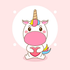Cartoon illustration of cute unicorn character holding heart love
