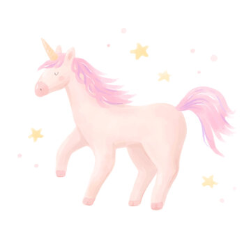 Watercolor pink cute unicorn with stars