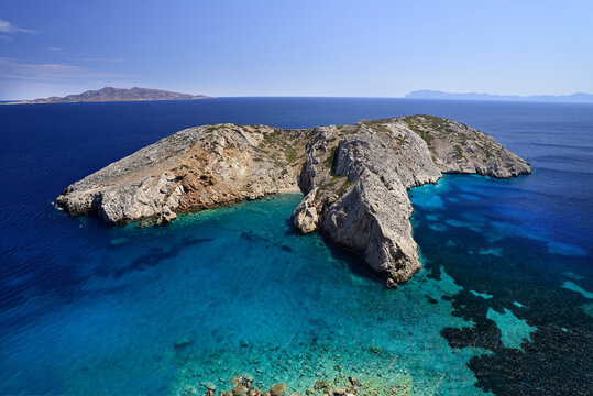 View of the islet of Prasini in the Makares archipelago in the Aegean Sea near the island of Donoussa in the Greek Cyclades
