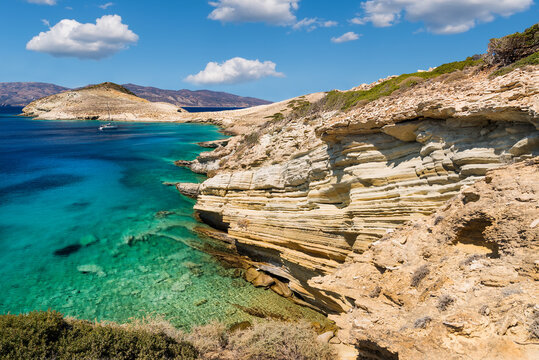 View of the uninhabited islet of Makares south of the Greek island of Donoussa in the Cyclades archipelago