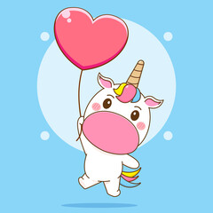 Cartoon illustration of cute unicorn character floating with heart love