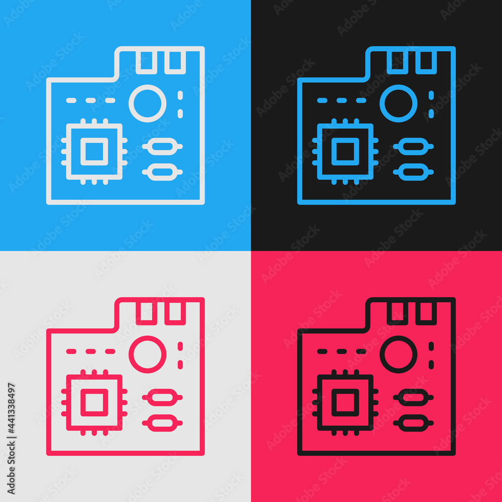 Poster pop art line electronic computer components motherboard digital chip integrated science icon isolate