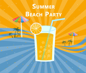 Summer party flyer. Glass of orange juice with straws and ice cubes in retro style