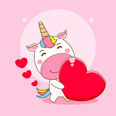 Cartoon illustration of cute unicorn character holding heart love