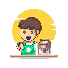 Cute Boy holding Chocolate Drink with Chocolate Milk Cartoon Vector Illustrations. World Chocolate Day Icon Concept Isolated Premium Vector