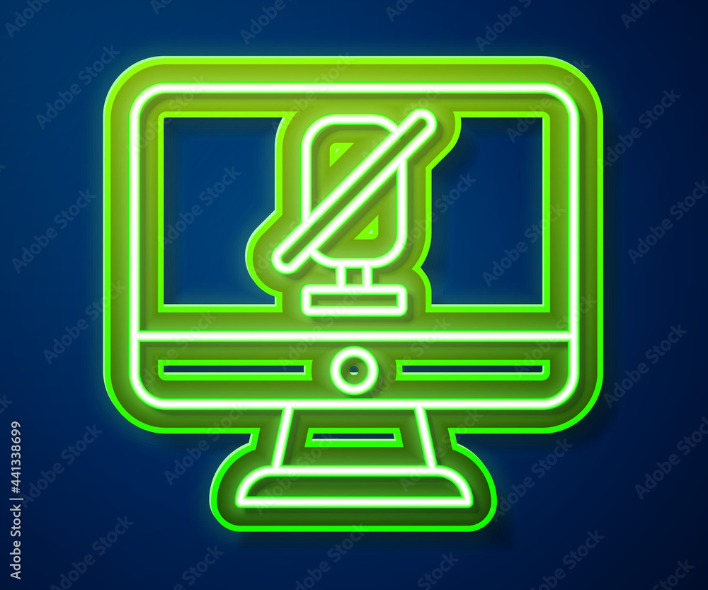 Poster Glowing neon line Mute microphone on computer icon isolated on blue background. Microphone audio muted. Vector