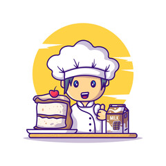 Cute Chef Girl with Cake Chocolate and Milk Cartoon Vector Illustrations. World Chocolate Day Icon Concept Isolated Premium Vector