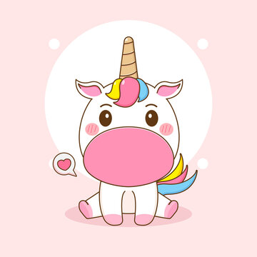 Cartoon illustration of cute unicorn character sitting
