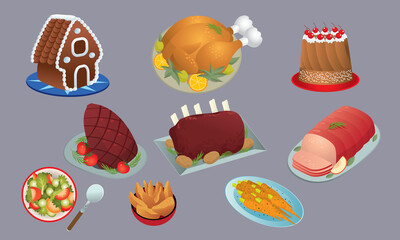 Fabulous food prepared for Christmas festival. Isolated. Vector with solid color background.