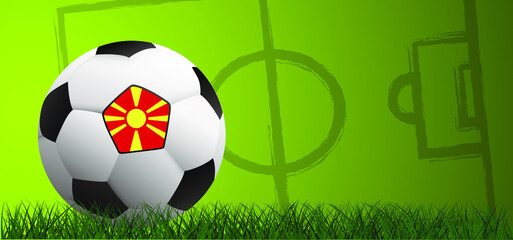 Football with the flag of North Macedonia on green soccer grass field. Vector background. Sport finale or school, sports game cup. Summer, street ball games. 2020, 2021, 2022 ek, wk banner