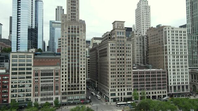 Aerial view of downtown Chicago USA, central skyscrapers in Loop, Millenium Park adn traffic on Michigan Avenue