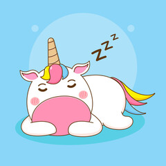 Cartoon illustration of cute unicorn character sleeping