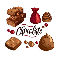 Set bright delicious pieces of milk chocolate with nuts, candies, dragees. Celebrate World Chocolate Day. Vector illustration of dessert food. For packaging, menu, cookbook, postcard, banner, poster.