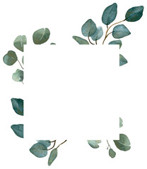 Watercolor summer greenery template. Eucalyptus, spring greenery. Wedding floral invitation frame.