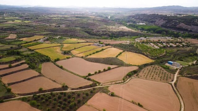 Landscape of a mountain and farms in the foreground