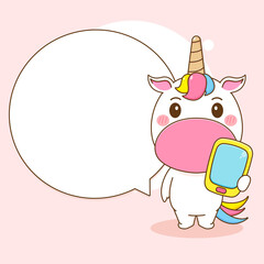 Cartoon illustration of cute unicorn character with bubble chat and phone