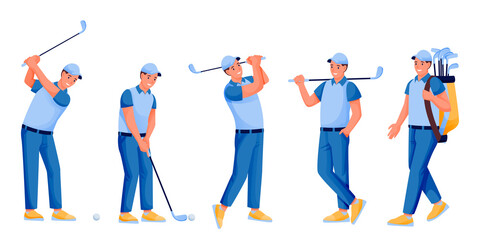 Obraz premium Male playing golf, vector flat cartoon character illustration white background. Golfer with golf club, ball and bag