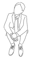 線画の男性イラスト／座る会社員　スーツ　ビジネスマン　シンプル　手描き　おしゃれ　考える　眺める