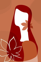 Contemporary abstract art trend minimalistic poster made of simple shapes. A woman, female with an autumn leaf and long hair. Vector graphics.