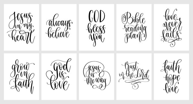 Set of hand lettering christian quotes, positive phrases about God and praying