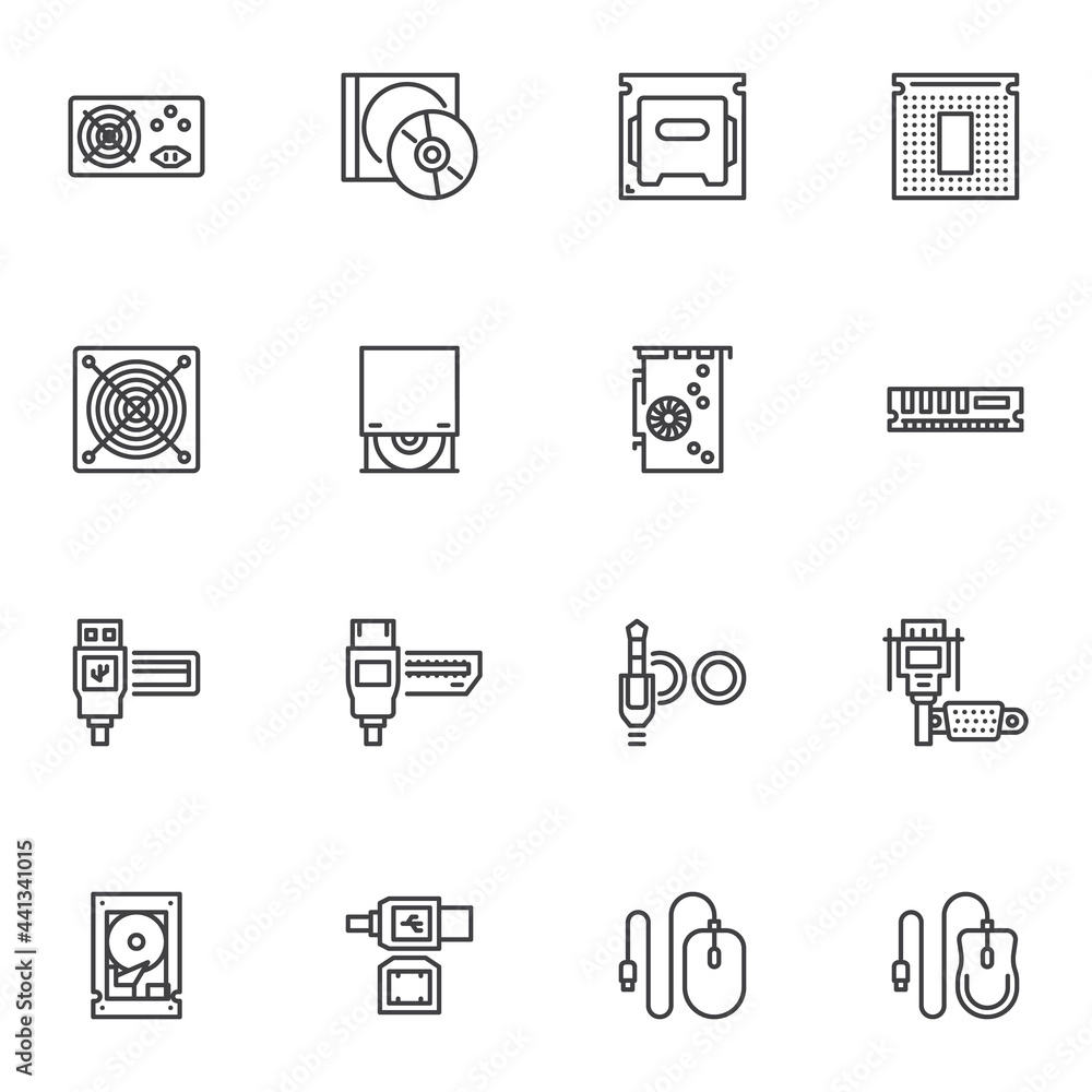 Poster computer hardware line icons set