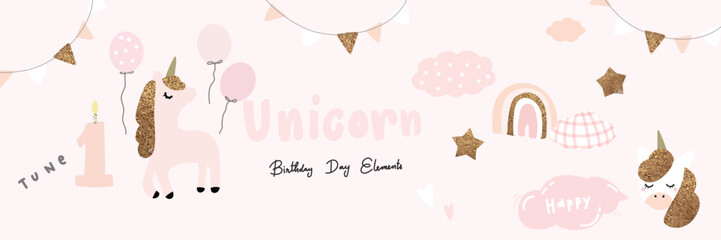 happy birthday background for tune 1 with pink unicorn and golden texture elements for birthday party