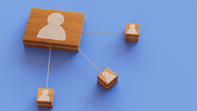 Social Technology Concept with user Symbol on a Wooden Block. User Network Connections are Represented with White string. Blue background. 3D Render.