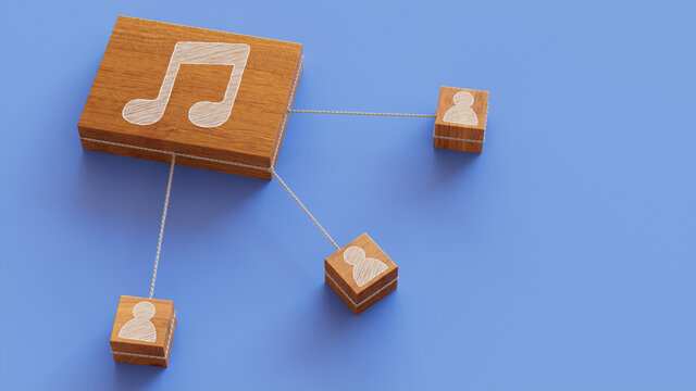 Audio Technology Concept with music Symbol on a Wooden Block. User Network Connections are Represented with White string. Blue background. 3D Render.