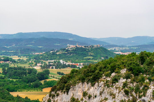 Panoramic view of mountains and beautiful old town of Buzet in Croatia, a famous tourist destination