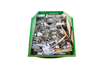Large metal green container filled with rubble and construction waste, isolated on white background with a clipping path.
