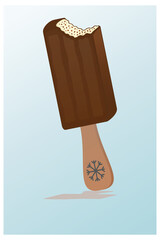The bitten creamy popsicle with chocolate icing and a symbol of snowflakes on a stick,  on a blue background