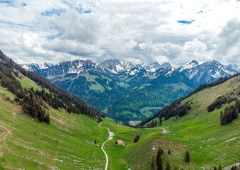 Fototapeta na wymiar View on alps mountains, green fields, cloudy sky by Jaun, Jaunpass. Canton Fribourg, Freiburg nearby Bulle, Bern, Thun. Good hiking tourist way. Switzerland.