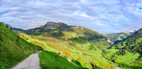 View on alps mountains, cloudy sky, green fields by Jaun,  kanton Fribourg, Freiburg nearby Bulle,...