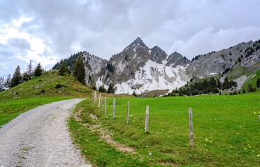 View on alps mountains, cloudy sky, green fields by Jaun,  kanton Fribourg, Freiburg nearby Bulle,...