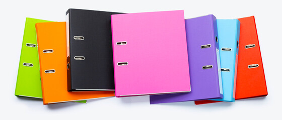 Office folders on white background. Top view