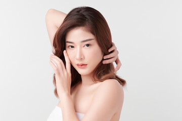 Obraz premium Beautiful young asian woman with clean fresh skin on white background, Face care, Facial treatment, Cosmetology, beauty and spa, Asian women portrait.