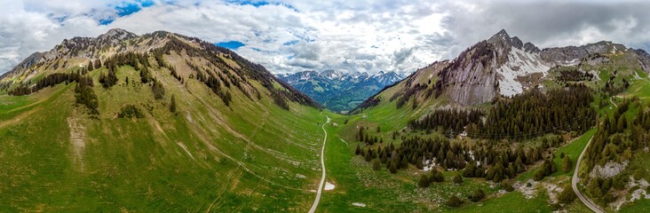 180 degree aerial panorama View on alps mountain, green fields  in Jaun,  kanton Fribourg, Freiburg...