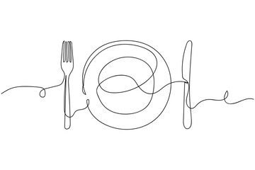 Continuous one line of plate, knife and fork in silhouette on a white background. Linear stylized.Minimalist.