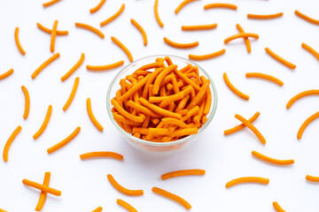 Salt breadsticks on white background.