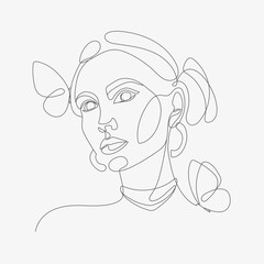 Woman head with butterfly composition. Hand-drawn vector line-art illustration. One Line style drawing.