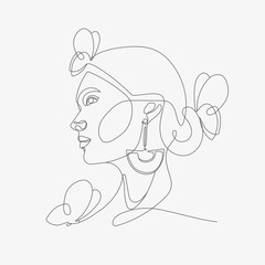 Woman head with butterfly composition. Hand-drawn vector line-art illustration. One Line style drawing.